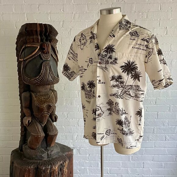 Vintage Hawaiian Shirt / Aloha Shirt ~ Illustrated Map of Hawaiian Islands LARGE - Picture 3 of 6